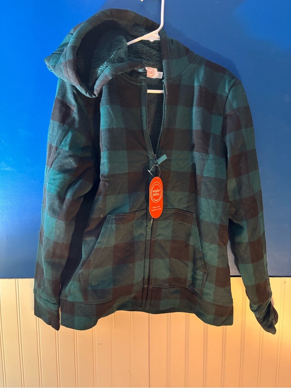 wonder nation Teal and Black Plaid Sherpa Hoodie Jacket